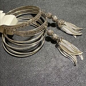 162.  NOOR Pakistani Silver-Tone Bangle Bracelet Set 2 w/leaf Tassles